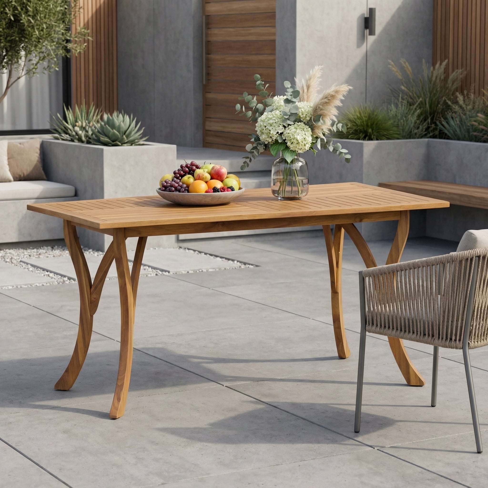 Outdoor Rectangular Solid Wood Dining Table 59 Inch, Large Size Household Table for Patio Garden, Teak