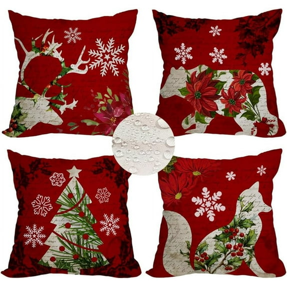 Outdoor Red Christmas Waterproof Throw Pillow Covers 18x18 Inch Set of 4 Vintage Deer Bear Fox Animal Pillow Cases Christmas Tree Snowflakes Winter Holiday Decor Cushion Case for Patio Garden