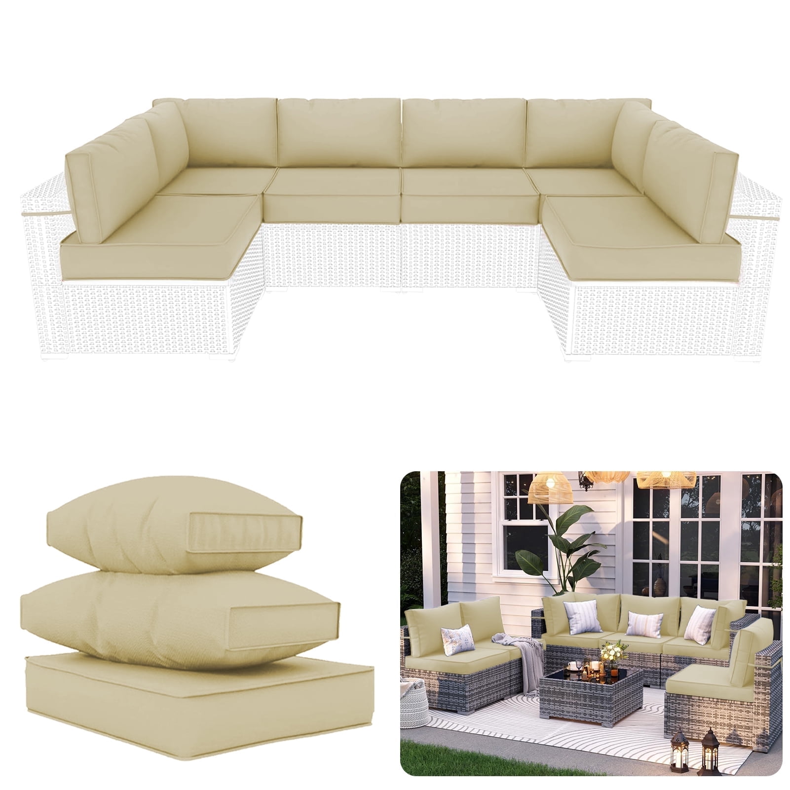XXLYY Outdoor Replacement Cushions for Patio Furniture, 14 Piece Patio Sectional Cushions, 4" Water-Resistant Replacement Sofa Cushions Fits 6-seat Rattan Conversation Set