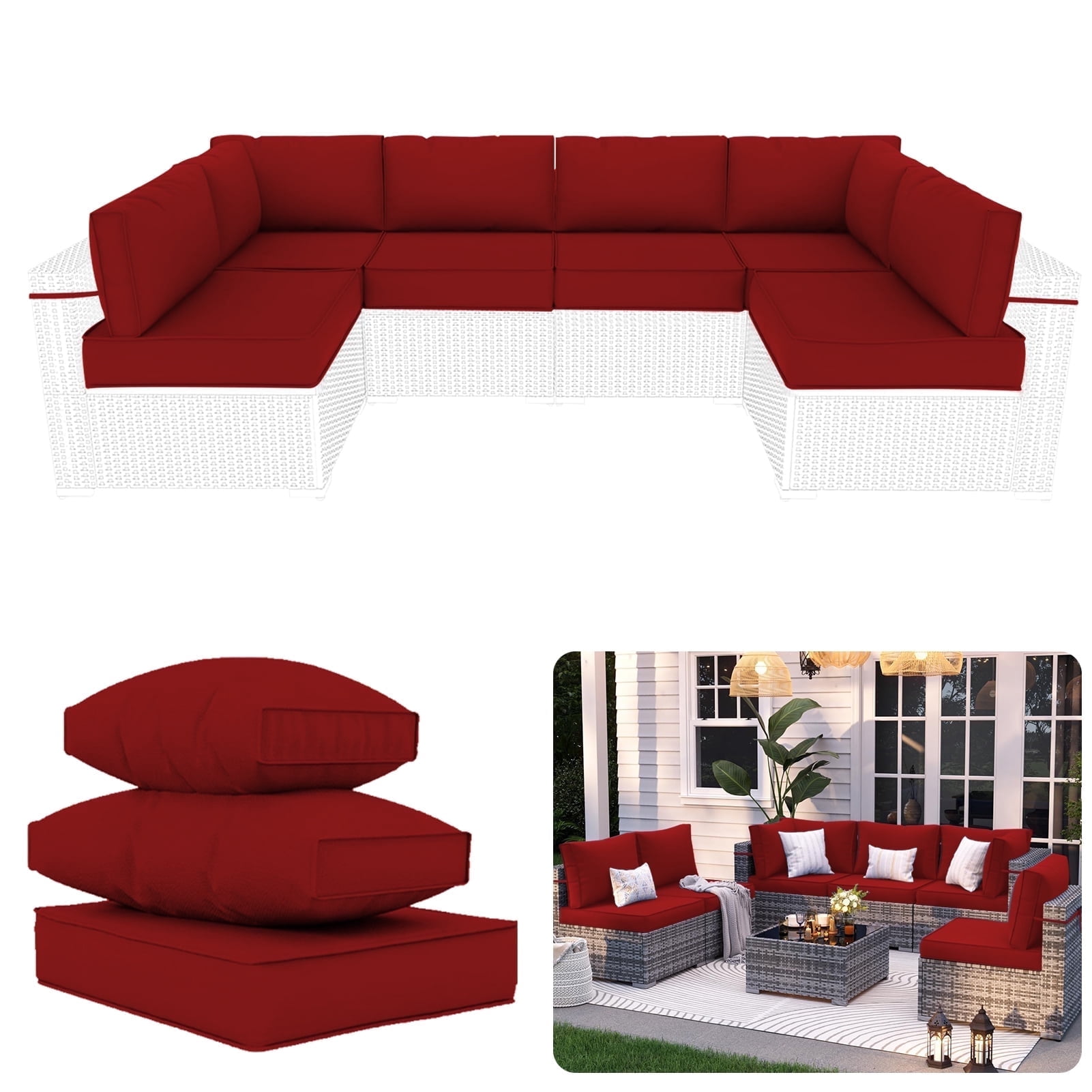 XXLYY Outdoor Replacement Cushions for Patio Furniture, 14 Piece Patio Sectional Cushions, 4" Water-Resistant Replacement Sofa Cushions Fits 6-seat Rattan Conversation Set
