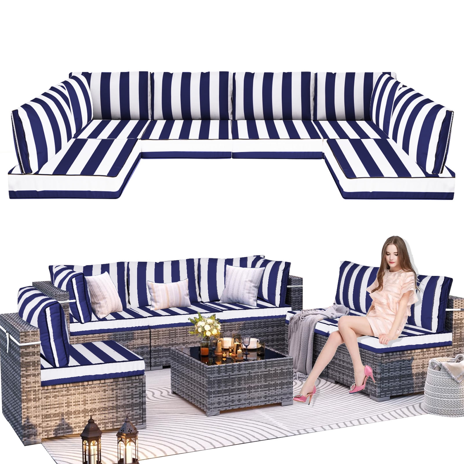 Outdoor Replacement Cushions for Patio Furniture,14-Piece Patio Water-Resistant Replacement Sofa Cushions Fits 6-seat Sectional Rattan Conversation Set,Liner&Cover