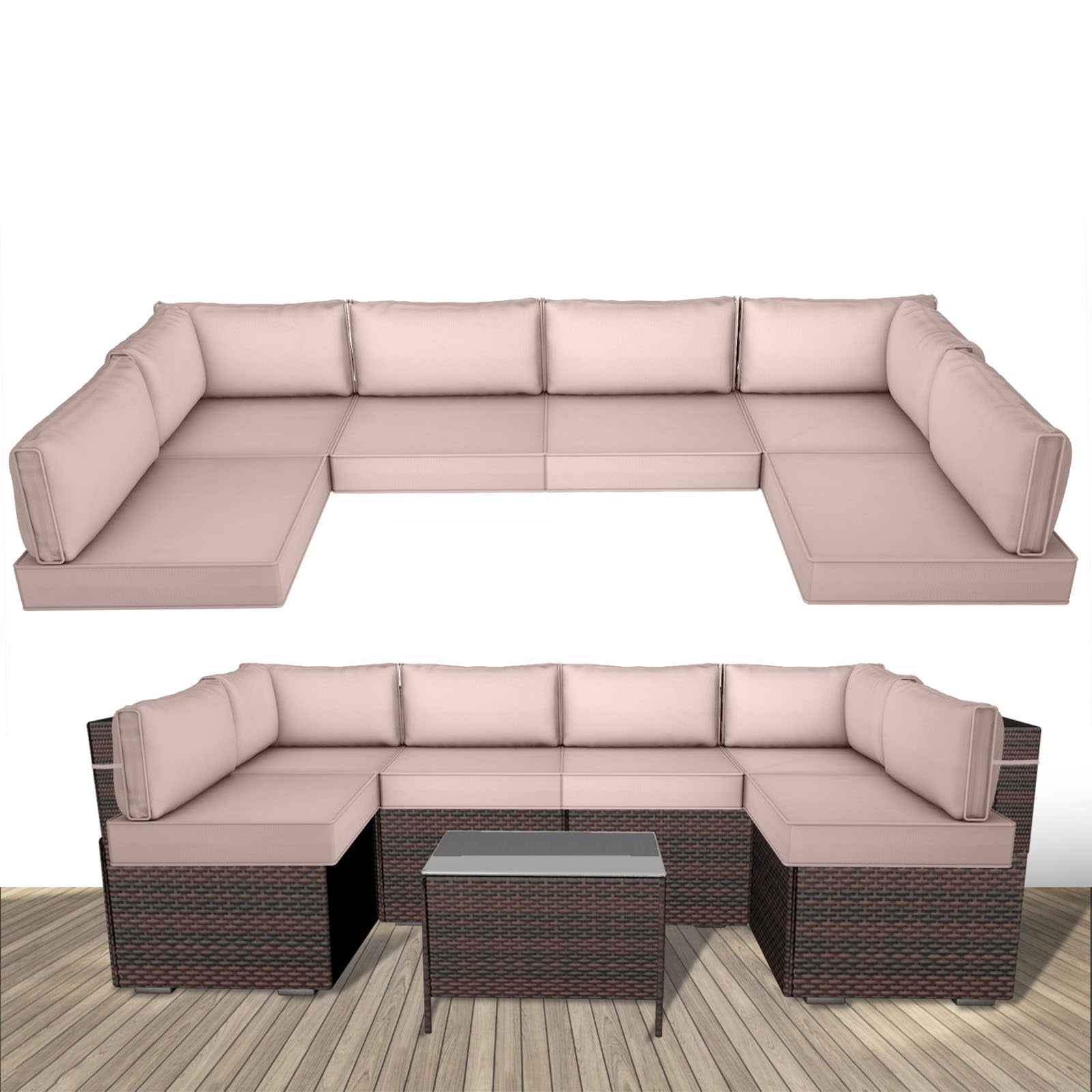 Outdoor Replacement Cushions for Patio Furniture,14-Piece Patio Water-Resistant Replacement Sofa Cushions Fits 6-seat Sectional Rattan Conversation Set,Liner&Cover