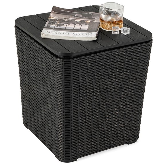 Outdoor Resin Side Table with Removable Lid & Wicker Accent for Patio Storage
