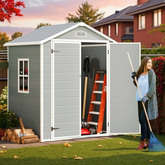 6 x 4 ft Outdoor Storage Shed with Reinforced Floor, Lofka Plastic Shed with Window and Double Lockable Doors for Bike Storage|Garden, Grey