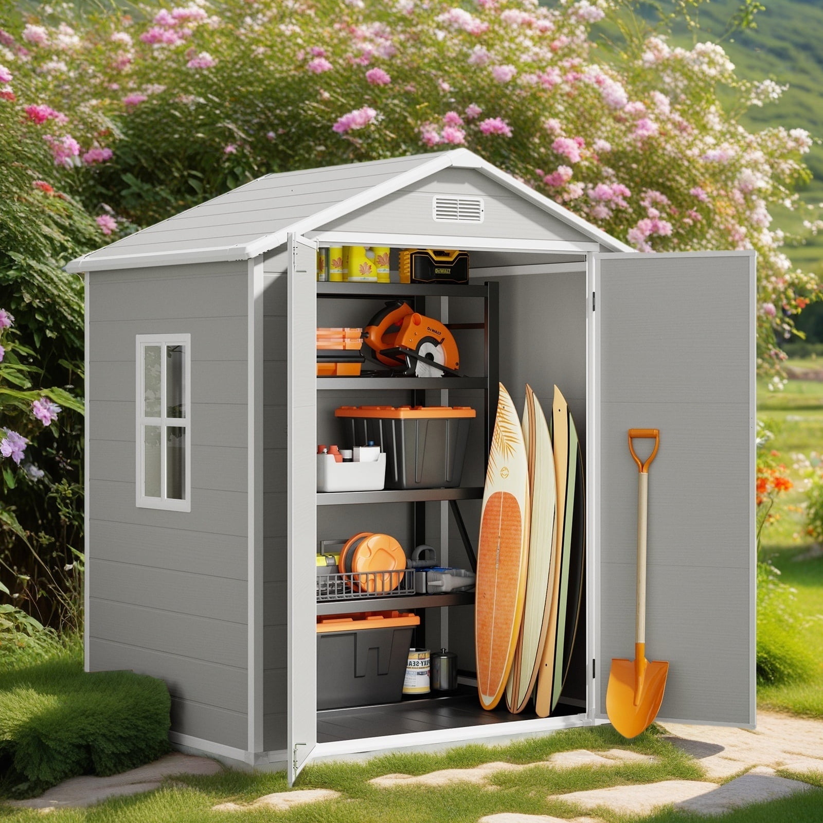 Outdoor Resin Storage Shed with Reinforced Floor, Lofka Plastic Shed