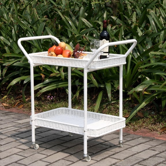 Outdoor Resin Wicker Serving Cart - All Weather Storage Trolley for Garden and Lawn