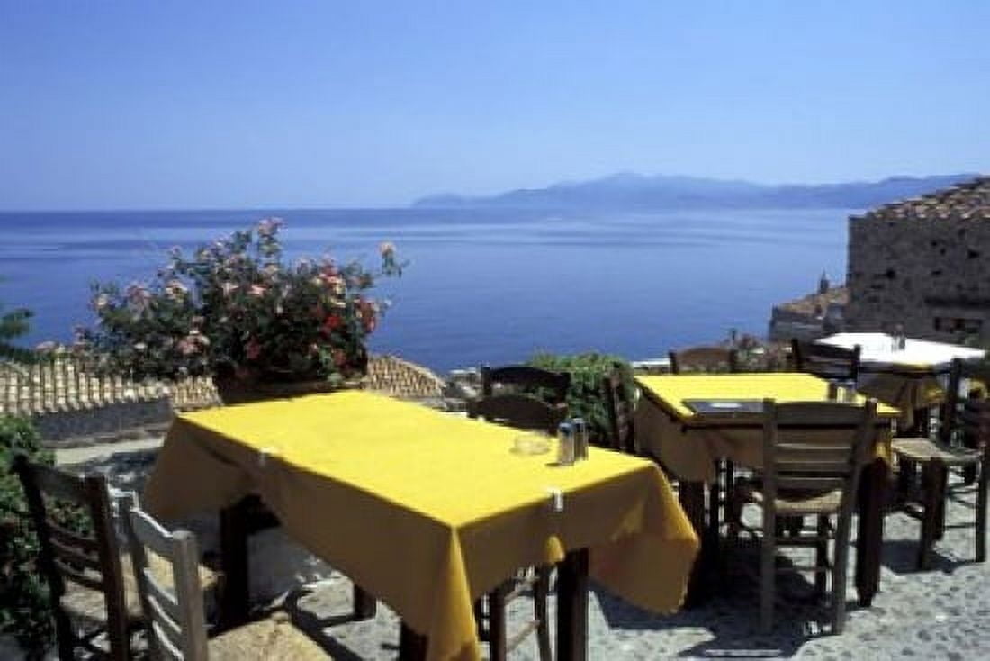Outdoor Restaurant Monemvasia Greece Canvas Art - Connie Ricca DanitaDelimont (35 x 24)