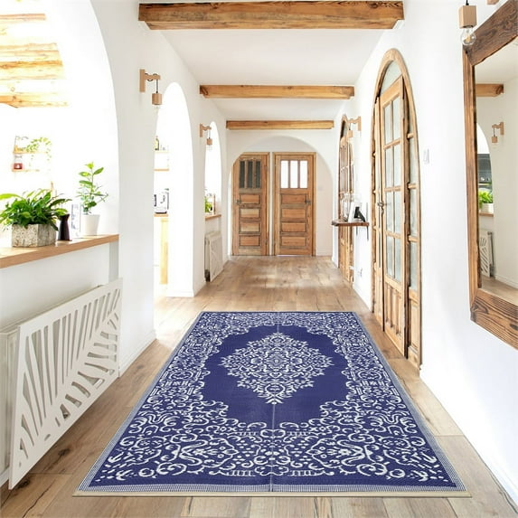 Outdoor Reversible Area Rug - 8x10 - Oriental Design - Blue White