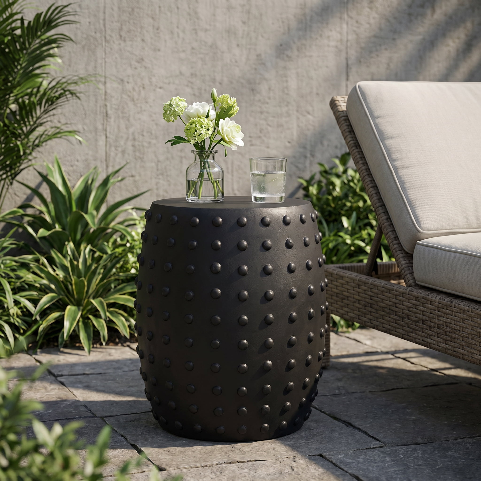 Outdoor Rivet Decor Barrel Side Table, Lightweight Concrete Craft for Patio Garden, White