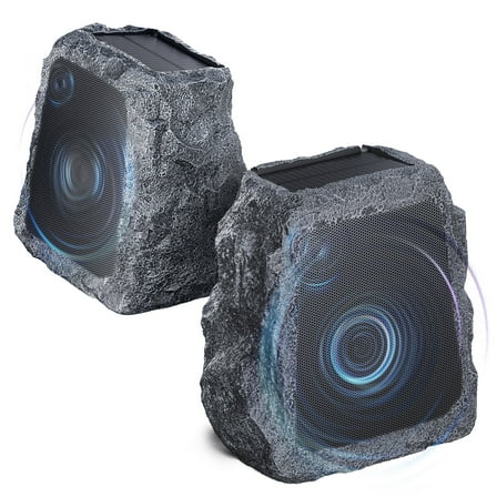 2 Pack Outdoor Rock Bluetooth Speakers, Tweeters+Subwoofer, Pair 100+ Speakers, Stereo Deep Bass IPX7 Waterproof Speaker, Solar Powered, Perfect for Pool, Garden, Deck and Outdoor