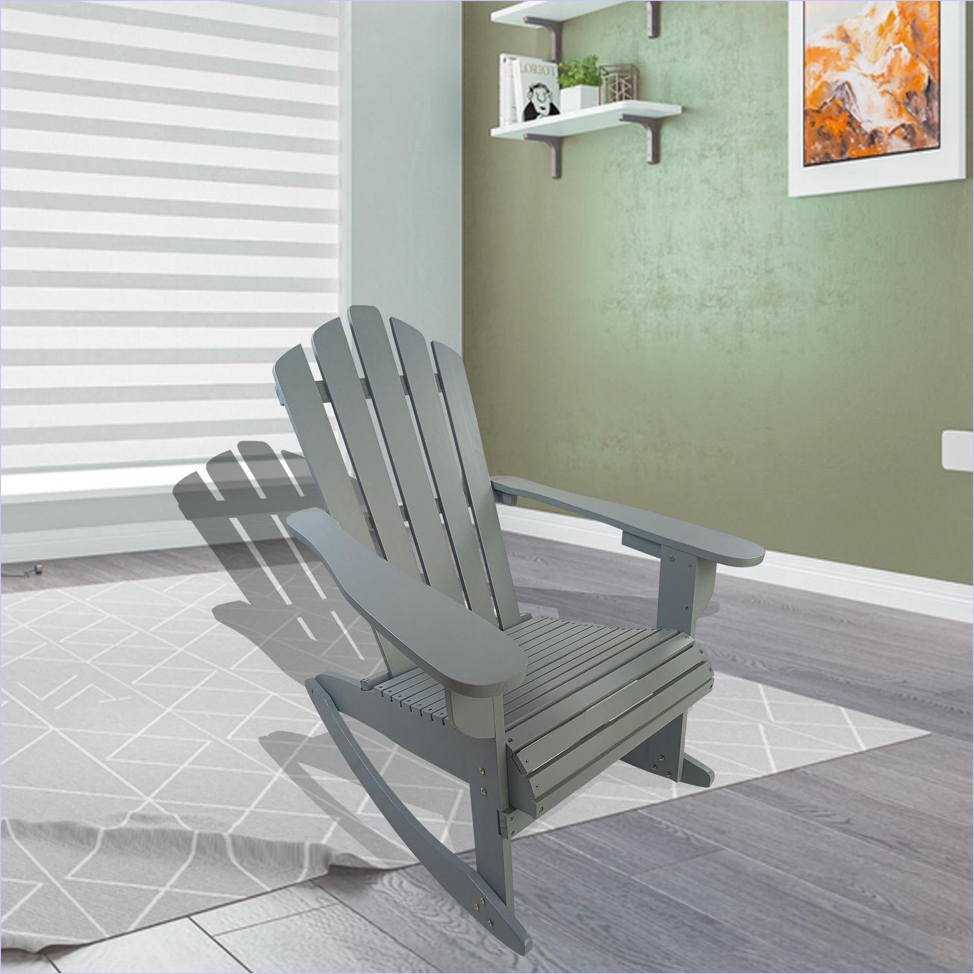 Outdoor Rocking Adirondack Chair | Solid Wood Farmhouse Chair for Porch Patio Deck Backyard | Grey | Solid Wood
