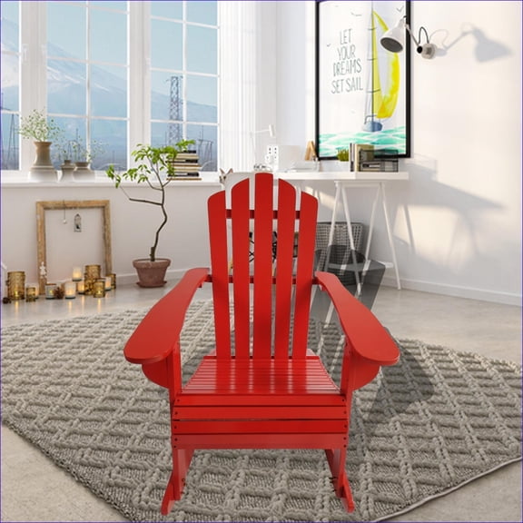 Outdoor Rocking Adirondack Chair | Solid Wood for Porch Patio Deck Backyard | Red | Solid Wood