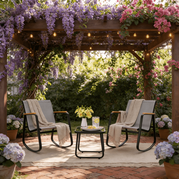 Outdoor Rocking Bistro Set, Lofka 3 Piece Patio Furniture Set with Tempered Glass Side Table, All-Weather Textilene Rocking Chairs with Wooden Armrests for Patio/Garden/Balcony/Poolside , Gray