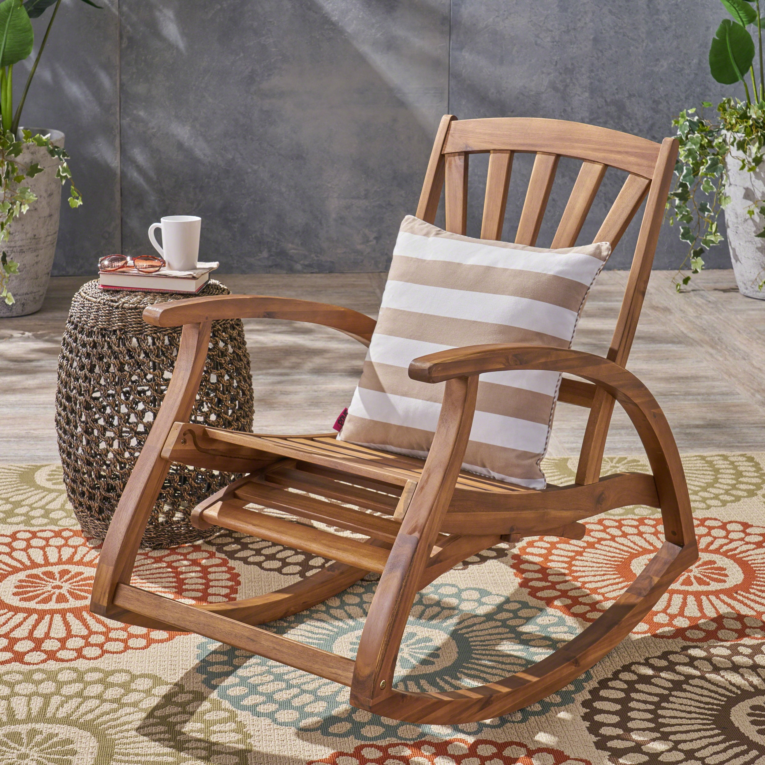 Outdoor Rocking Chair, Acacia Wood Frame with Retractable Footrest for Patio Garden, Teak
