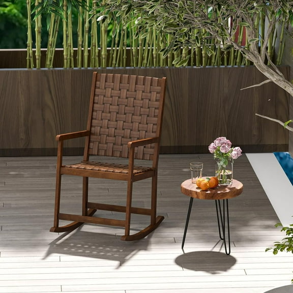 Outdoor Rocking Chair All Weather PU Seat Rubber Wood Frame Porch Rocker Safe Smooth Ergonomic Garden Lawn Balcony Indoor Brown