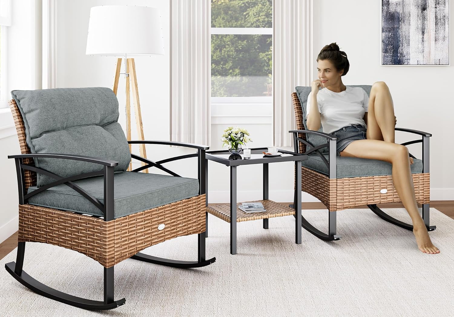 Outdoor Rocking Chair Bistro Set, Patio Wicker Rocking Chair