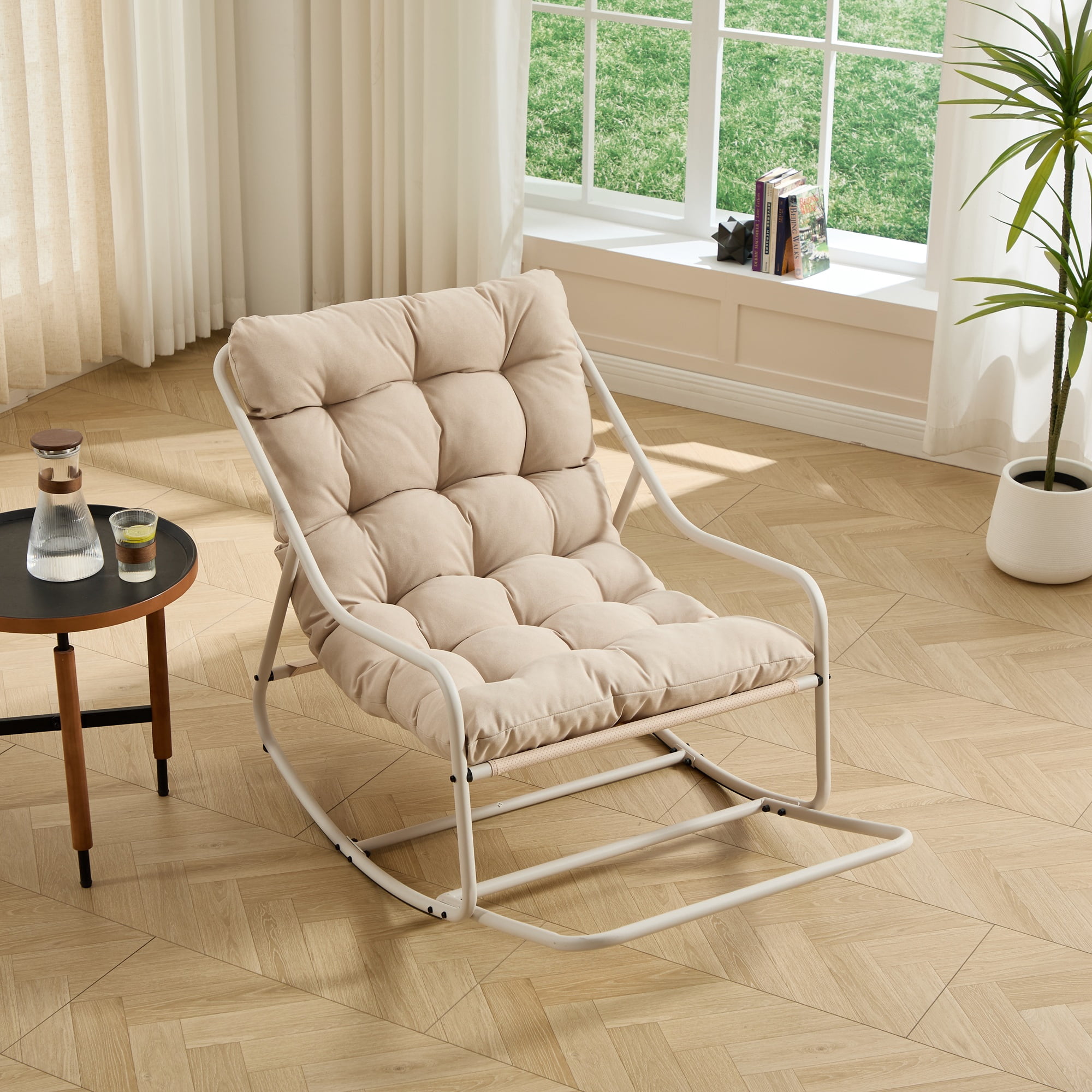 Outdoor Rocking Chair, Comfy Cushion, with Soft Thick Cushion,for Living Room, Bedroom, Reading Room, Black Frame