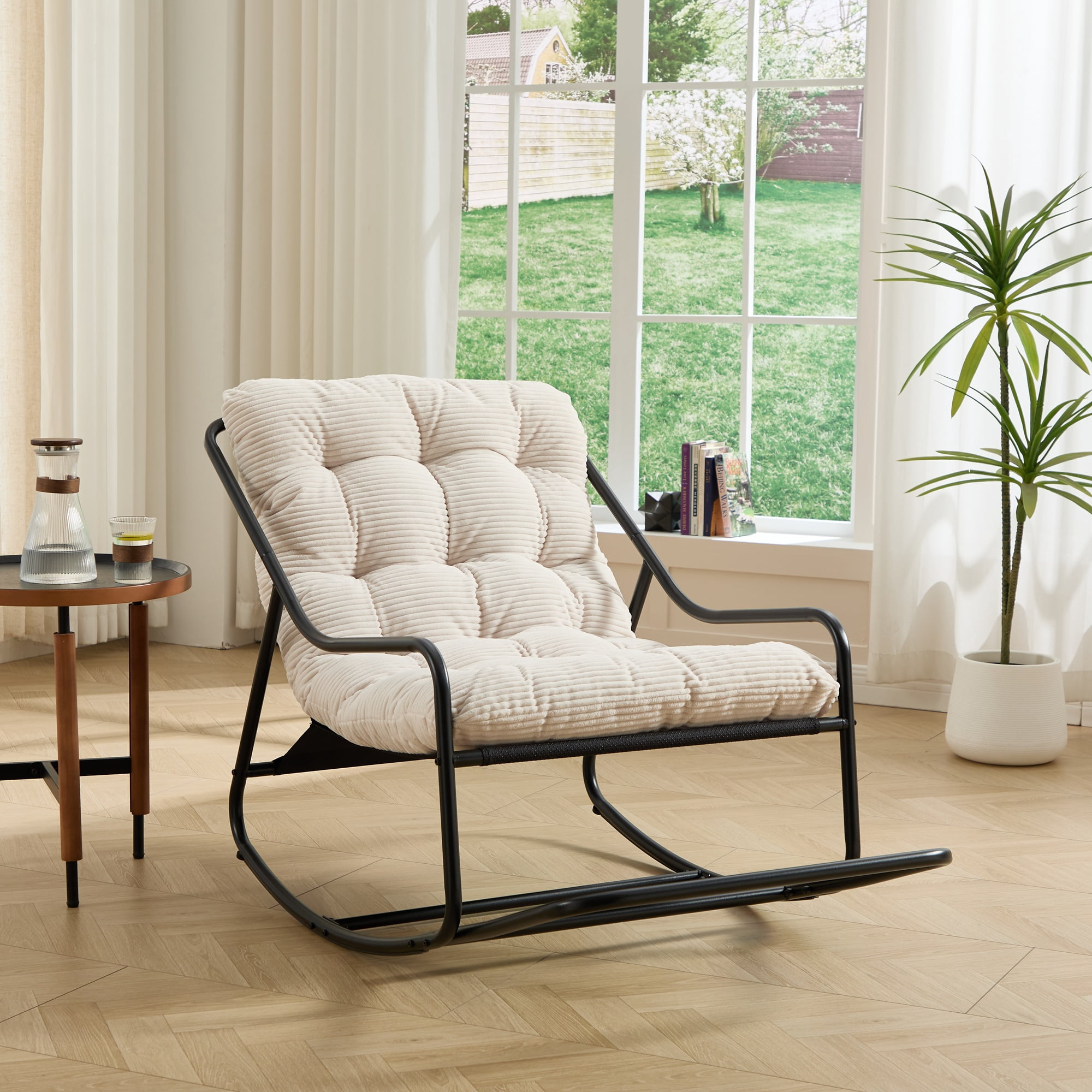 Outdoor Rocking Chair, Comfy Cushion, with Soft Thick Cushion,for Living Room, Bedroom, Reading Room, Black Frame