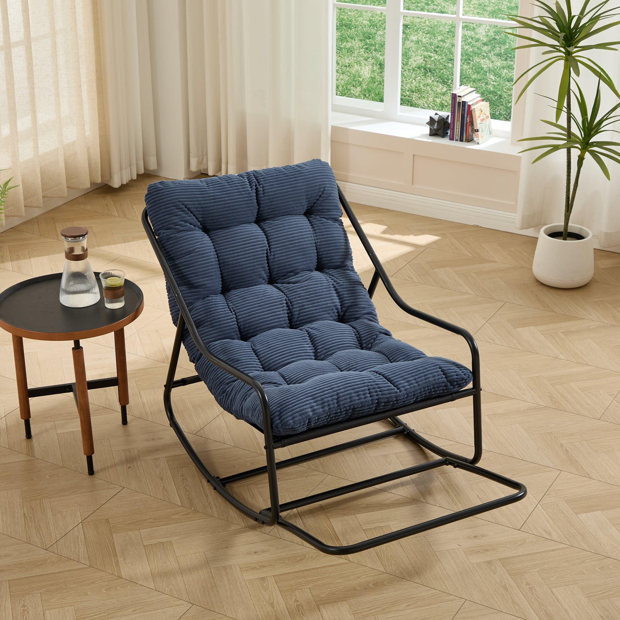 Outdoor Rocking Chair, Comfy Cushion, with Soft Thick Cushion,for Living Room, Bedroom, Reading Room, Black Frame