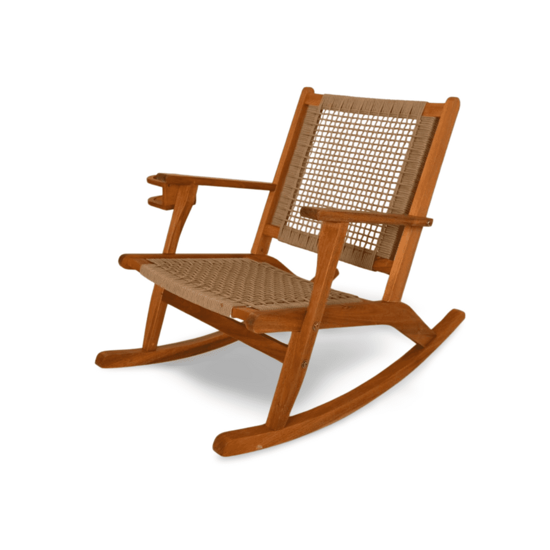 Outdoor Rocking Chair with Cup Holder, Acacia Wood Patio Rocker, Weather-Resistant Wooden Rocking Chair for Porch, Deck, Patio, and Garden, Tan Finish