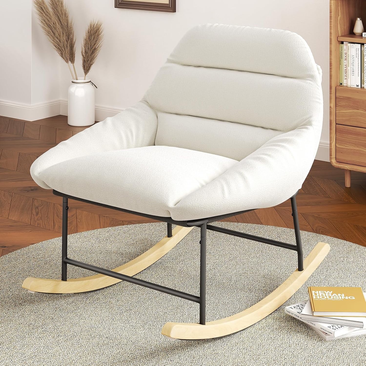 Outdoor Rocking Chair, Fleece Upholstered Rocker Chair with Deep Seat ...