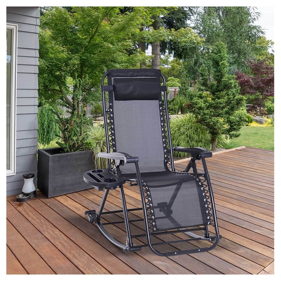 Outdoor Rocking Chair, Foldable Zero Gravity Lounge Chair with Pillow & Cup Holder, Black Reclining Patio Rocker, Heavy Duty Steel Frame