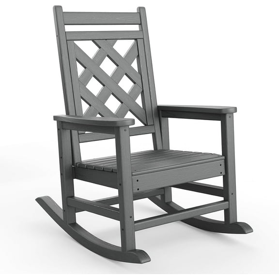Outdoor Rocking Chair, HDPE Weather Resistant Patio Adirondack Chair Porch Rocker with Wood Texture & 380 LBS Support for Deck, Pool, Backyard, Gray