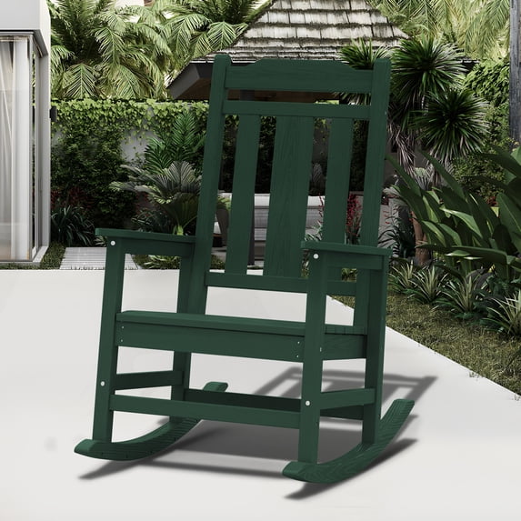 Outdoor Rocking Chair, High Back Porch Rocker Chair, All Weather Resistant HDPE Oversized Adirondack Rocking Chairs for Patio, Garden, Lawn, Indoor,Dark Green