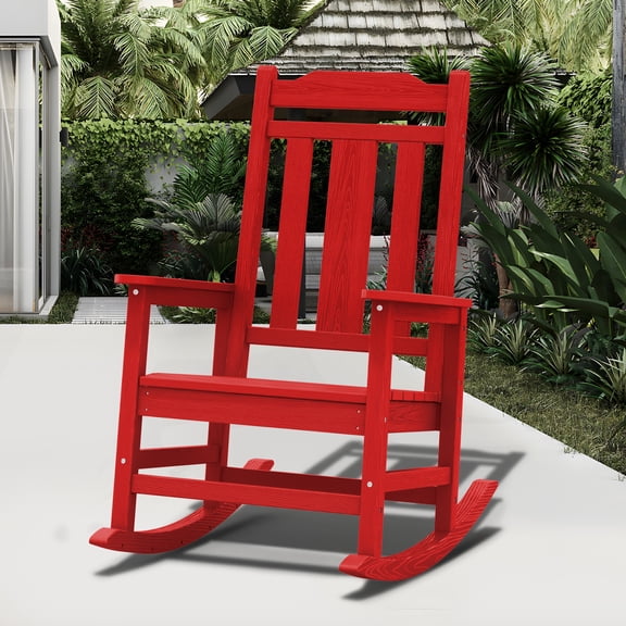 Outdoor Rocking Chair, High Back Porch Rocker Chair, All Weather Resistant HDPE Oversized Adirondack Rocking Chairs for Patio, Garden, Lawn, Indoor，Red