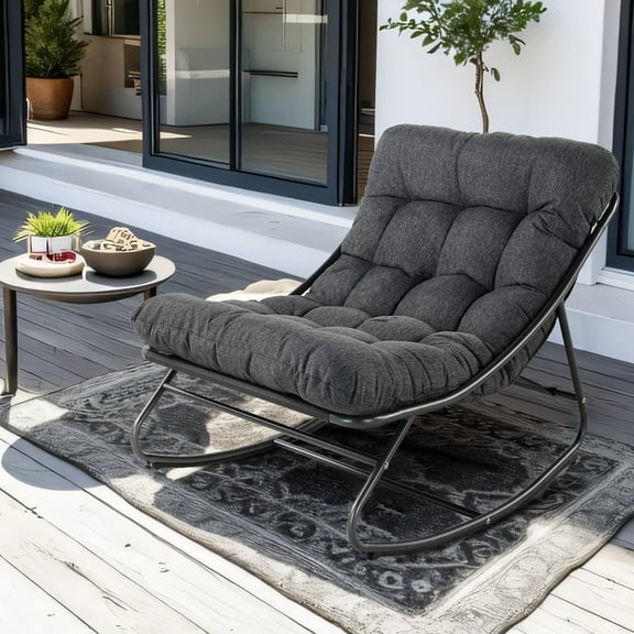 Outdoor Rocking Chair, Indoor Oversized Comfy Reading Chairs Set with Cushion, Patio Rocker Recliner Chair, Grey