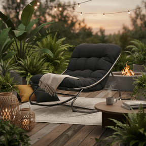 Outdoor Rocking Chair, Indoor Papasan Chair, Modern Rattan Wicker Lounge Chair for Bedroom, Living Room, Porch, Garden, Lawn-Dark Grey