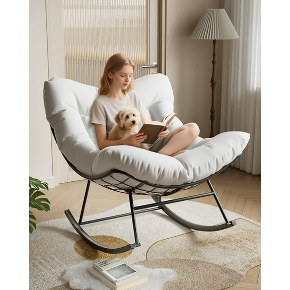 Outdoor Rocking Chair,Indoor Papasan Chair,Oversized Egg Rocking Chair with Thick Cushion, Rattan Wicker Rocker Lounge Chair for Bedroom, Living Room, Patio, Garden, Porch