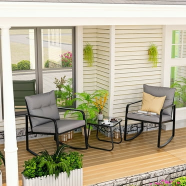 3-Piece Outdoor Rocking Bistro Set with Thickened Cushions for Porch, Garden, Deck, Backyard, or Balcony, Gray