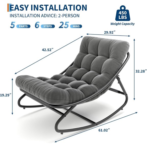 Outdoor Rocking Chair with Metal Frame, Adjustable Papasan Rocker, Waterproof Comfy Cushion, 450lbs Capacity, for , Porch, Garden, Living Room, Dark Grey