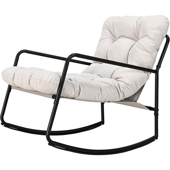 Outdoor Rocking Chair, Metal Patio Rocking Chair, Indoor Rocking Chair with Cushion, Papasan Rocking Lounge Chair, Comfy Modern Rocker Chair for Porch, Living Room, Garden, Backyard, Off-White