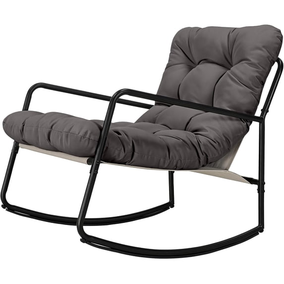 Outdoor Rocking Chair, Metal Patio Rocking Chair, Indoor Rocking Chair with Cushion, Papasan Rocking Lounge Chair, Comfy Modern Rocker Chair for Porch, Living Room, Garden, Lawn, Dark Grey