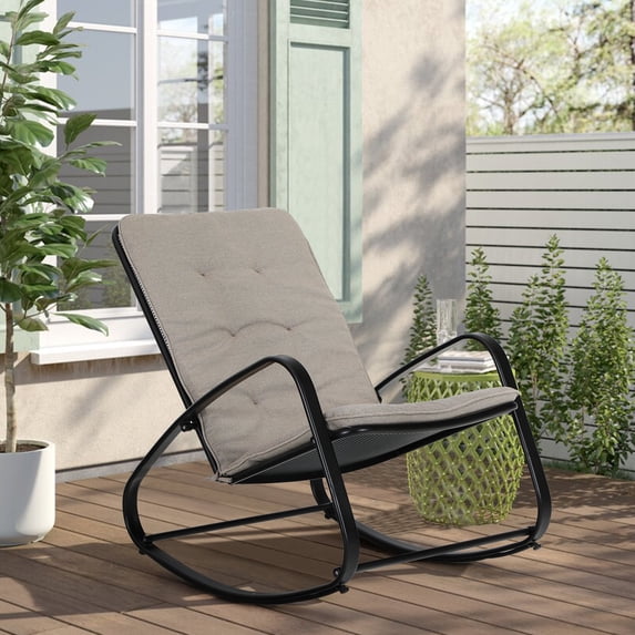 Outdoor Rocking Chair Metal Rocking Chair with Cushion for Outdoor Indoor Patio Garden Balcony, Black