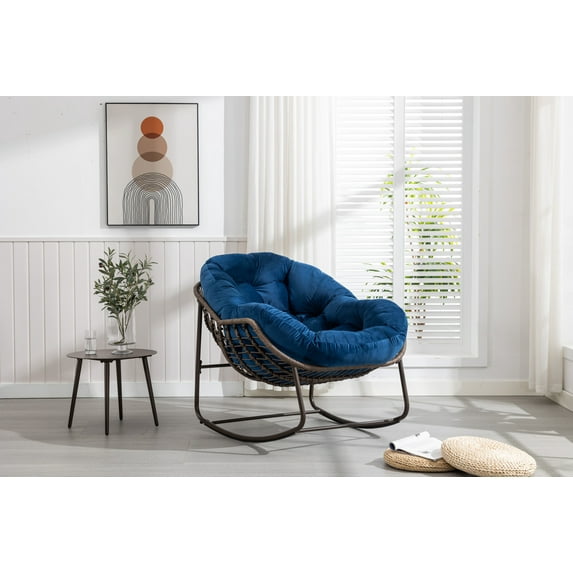 Outdoor Rattan Rocking Chair with Thick Padded Cushion, Adjustable Rocker Recliner for Patio, Porch, Garden, Backyard, All-Weather Rattan Furniture, Navy Blue