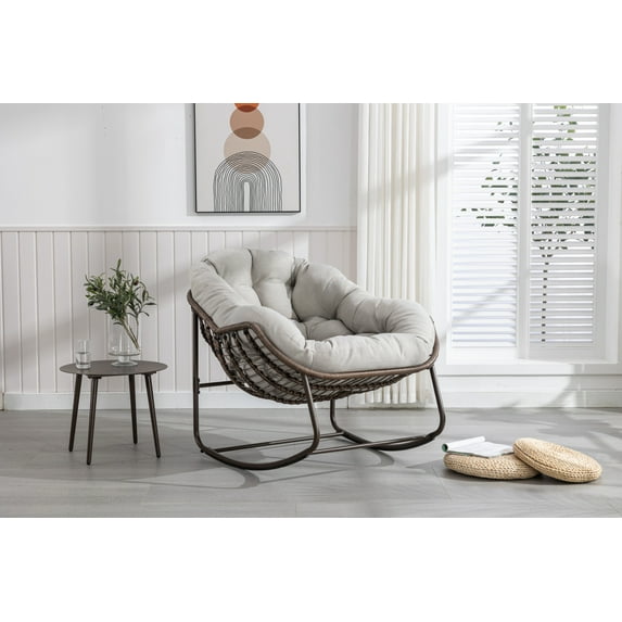 Outdoor Rocking Chair with Padded Cushion, Oversized Rattan Wicker egg Chair Outdoor with All-Weather Steel Frame, 250lbs Capacity, Modern Lounge Rocker for Front Porch Living Room Bedroom, Beige