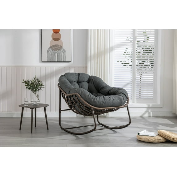 Outdoor Rocking Chair with Padded Cushion, Oversized Rattan Wicker egg Chair Outdoor with All-Weather Steel Frame, 250lbs Capacity, Modern Lounge Rocker for Front Porch Living Room Bedroom, Grey