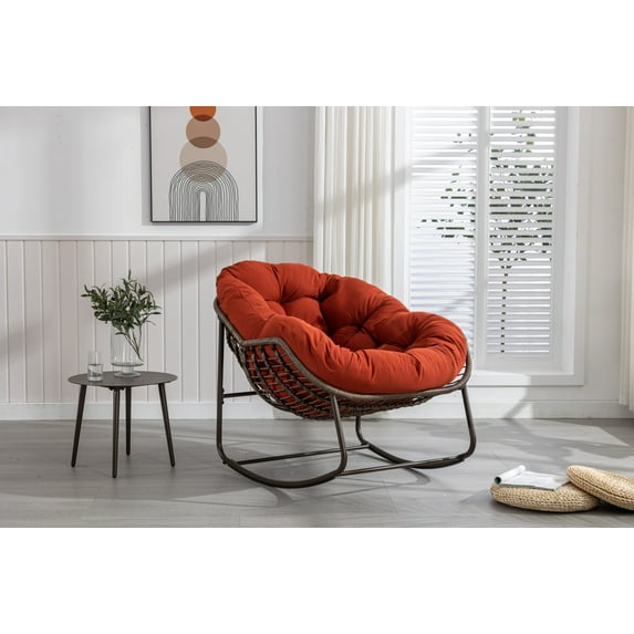 Outdoor Rocking Chair with Padded Cushion, Oversized Rattan Wicker egg Chair Outdoor with All-Weather Steel Frame, 250lbs Capacity, Modern Lounge Rocker for Front Porch Living Room Bedroom, Orange