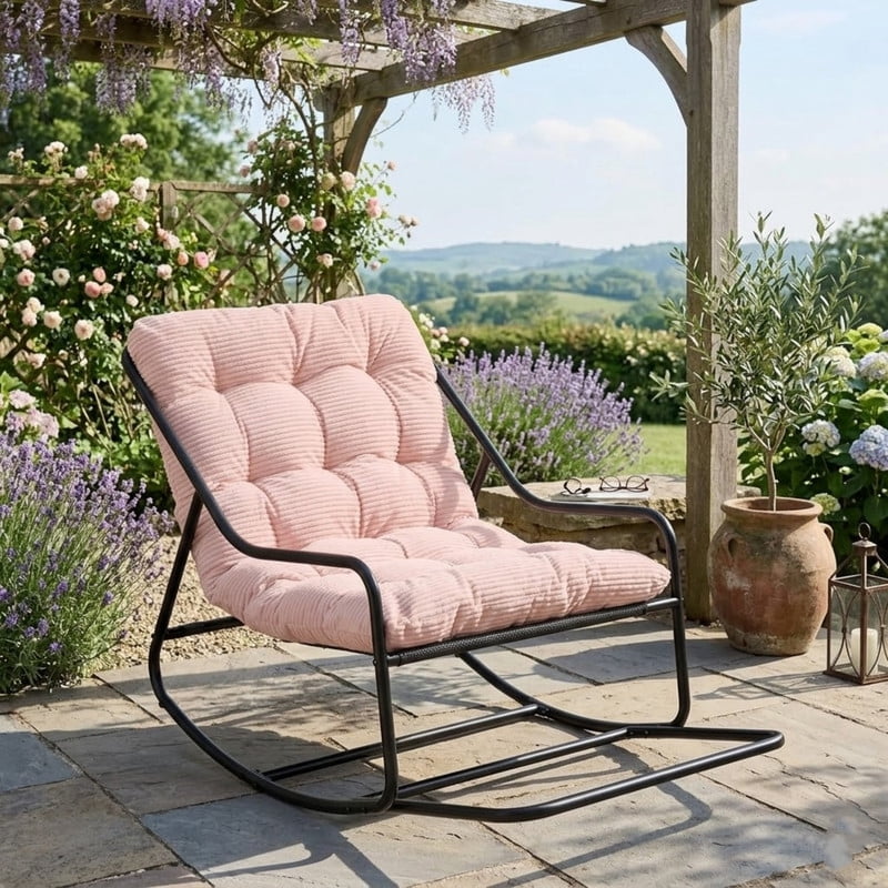 Outdoor Rocking Chair, Papasan Rocking Chair with Metal Frame, Comfy Rocker Lounge Chair for Living Room Porch Patio Garden