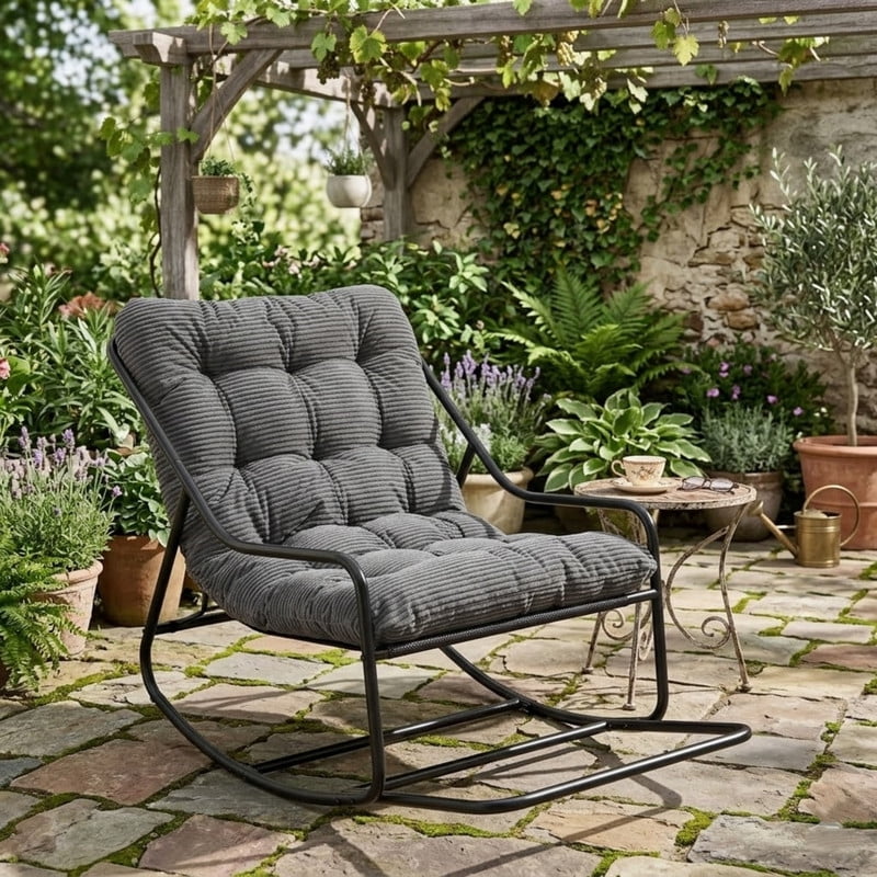 Outdoor Rocking Chair, Papasan Rocking Chair with Metal Frame, Comfy Rocker Lounge Chair for Living Room Porch Patio Garden