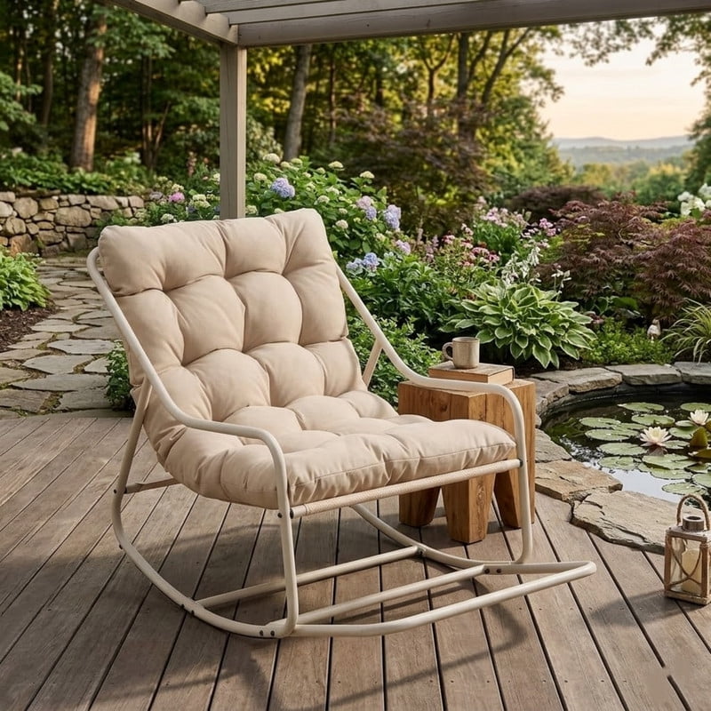 Outdoor Rocking Chair, Papasan Rocking Chair with Metal Frame, Comfy Rocker Lounge Chair for Living Room Porch Patio Garden