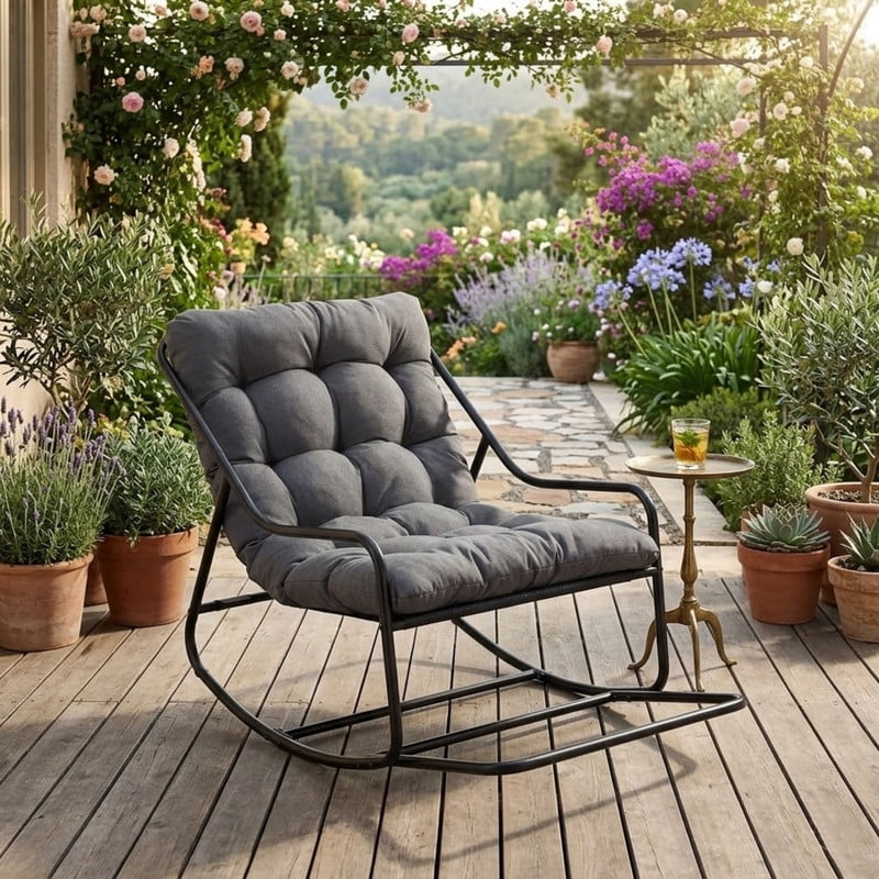Outdoor Rocking Chair, Papasan Rocking Chair with Metal Frame, Comfy Rocker Lounge Chair for Living Room Porch Patio Garden