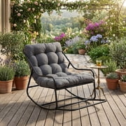 Outdoor Rocking Chair, Papasan Rocking Chair with Metal Frame, Comfy Rocker Lounge Chair for Living Room Porch Patio Garden