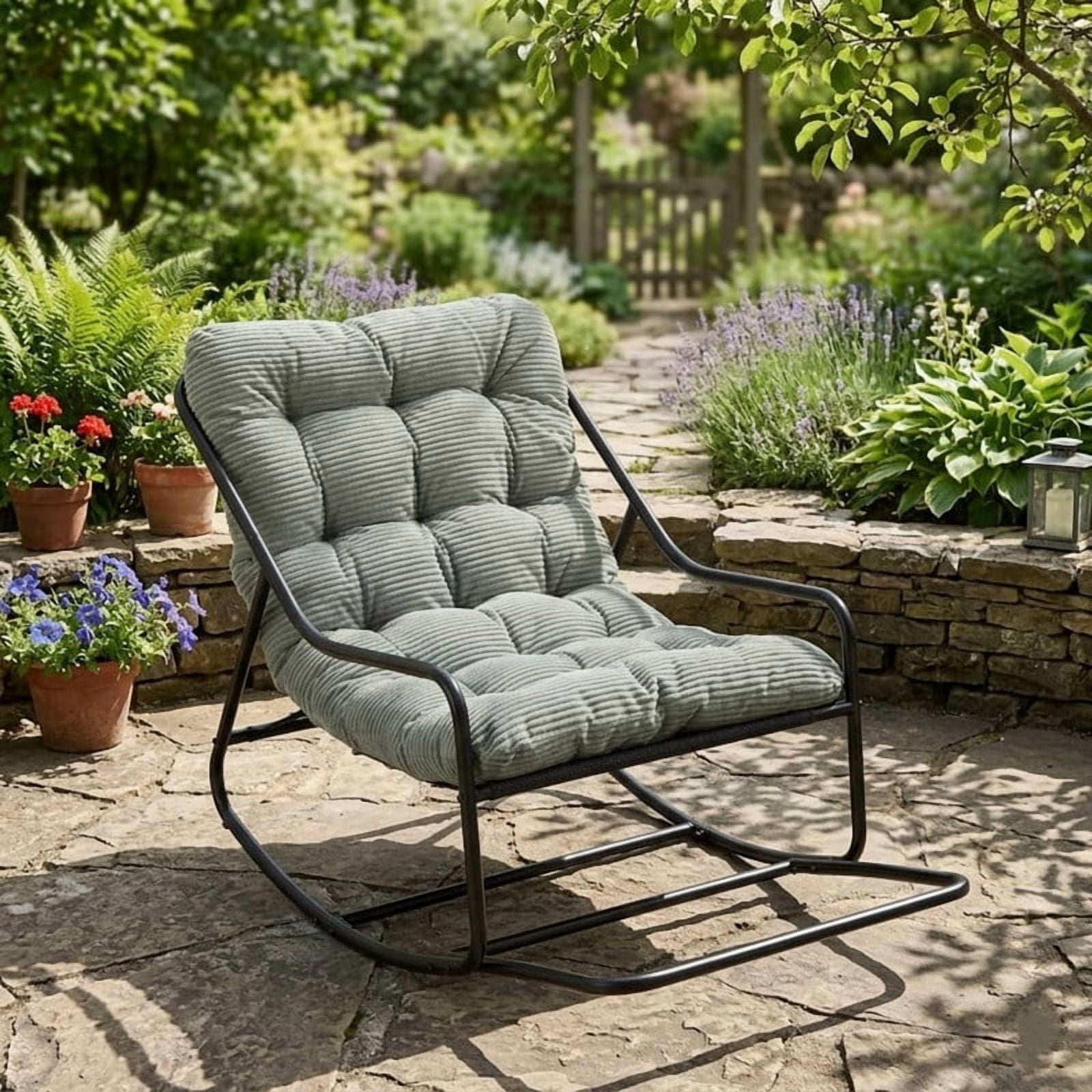 Outdoor Rocking Chair, Papasan Rocking Chair with Metal Frame, Comfy Rocker Lounge Chair for Living Room Porch Patio Garden