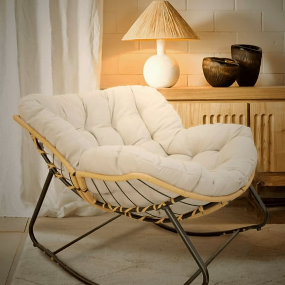 Outdoor Rocking Chair, Patio Egg Rocking Chair with Cushion, Rattan Wicker Lounge Chair for Garden Porch Living Room Bedroom, Beige