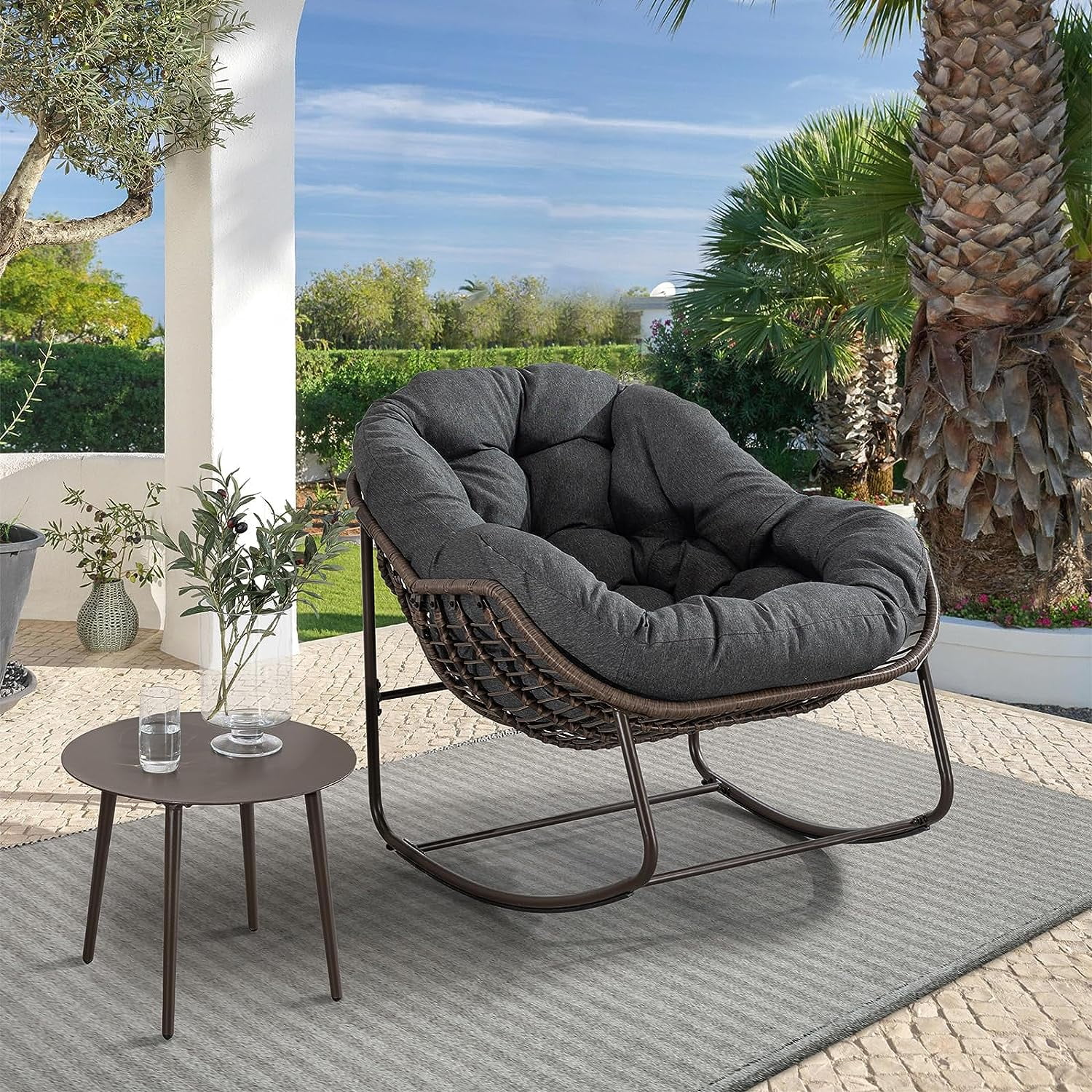 Tabaray Comfy Oversized Patio Rocking Chair Wicker Egg Indoor Outdoor Grey Walmart