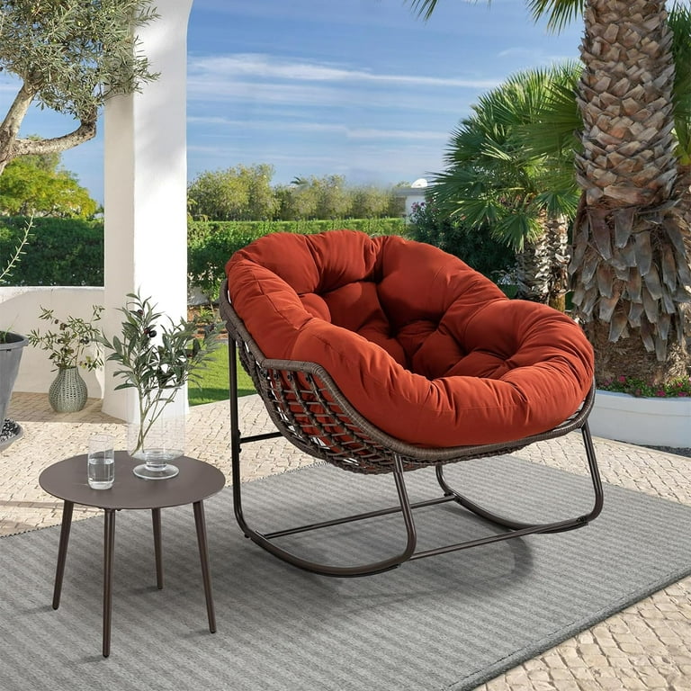 Outdoor Padded Cushion Rocking Chair Patio Oversized Rattan Egg Chair 1 Piece Orange